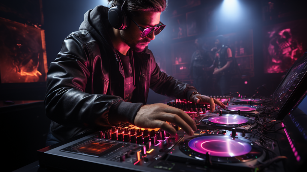 A DJ immersed in their music journey, hands on the controller, with cables connecting to a sleek audio interface. The dimly lit room captures the essence of the process, showcasing the excitement of setting up the perfect sound system for a mesmerizing performance.