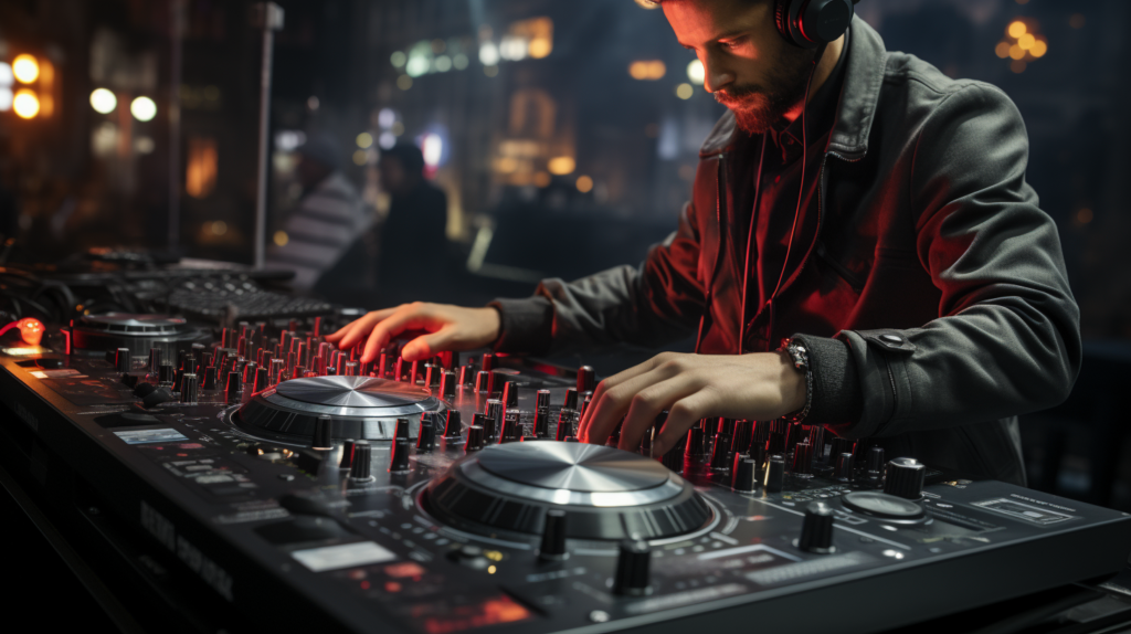 A dynamic image capturing a DJ in action, hands adjusting the main volume knob on the audio interface while simultaneously fine-tuning channel levels on the DJ controller. The intensity of the moment is reflected in the illuminated interface and focused expression. The play of lights and shadows adds a dramatic touch, symbolizing the fine balance required to set the perfect audio levels. The well-organized DJ setup with headphones and speakers completes the immersive scene, highlighting the importance of precision in volume and mixer adjustments for an optimal DJing experience.