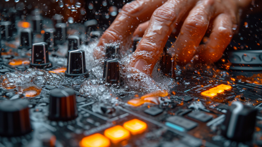 In a freeze-frame of energy, a DJ's hands meticulously scrub the jog wheels of a controller. The soft glow highlights the intricate texture as a dampened brush swirls with precision, lifting embedded grime and oils. Compressed air bursts ensure a thorough evacuation of contaminants, creating a visual symphony of meticulous cleaning. This image embodies the revival of jog wheels, poised to respond effortlessly to the DJ's touch