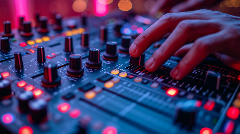 In a visual masterpiece, a DJ's hands delicately inspect every connection point of a controller. Soft light bathes the stage as compressed air flows, dislodging lingering specks. Cotton swabs, soaked in isopropyl alcohol, dance across connection points, dissolving residue. This image symbolizes the final act of a thorough cleaning journey, exuding a sense of finality and accomplishment as the DJ controller is revitalized to optimum operational capacities