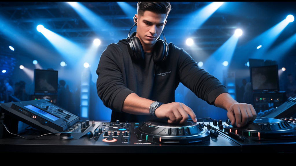 A DJ engrossed in configuring input settings for a connected microphone on a DJ controller. The image captures the DJ's hands skillfully adjusting gain, EQ, and other controls on the dedicated microphone input section. The illuminated control panel provides a visual representation of the myriad settings available, underlining the importance of fine-tuning for achieving optimal signal flow and audio quality. This crucial step ensures that the microphone is finely tuned to deliver a professional sound output during performances