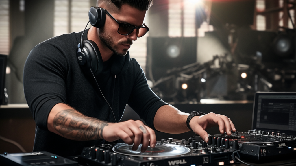 A DJ engrossed in the monitoring stage, wearing headphones connected to the DJ controller, focused on adjusting microphone settings. The image captures the DJ's concentrated expression as they listen for optimal levels and clarity in the monitored microphone input. The poised hands near the controller's monitoring section highlight the significance of this step in the setup process, ensuring a polished and trouble-free performance by actively addressing and correcting any issues in real-time