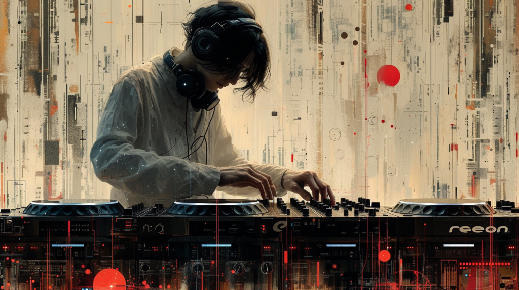 In a visually compelling representation, a DJ engages the sync button amid a backdrop of advanced technology. Yet, the atmosphere distorts, hinting at the potential loss of the fluid, human essence in the music. Robotic elements intertwine with the DJ, symbolizing the risk of perfect yet lifeless mixes. The image serves as a poignant reminder, encouraging DJs to tread carefully, preserving the artistry of manual transitions and the soulful imperfections that make each mix a unique, emotive experience.