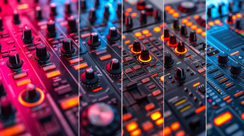 In a visually dynamic composition, a spectrum of third-party DJ controllers takes center stage, showcasing the diverse options for Traktor enthusiasts. The Pioneer DDJ-SB3, Numark Mixtrack Platinum, Denon MC7000, and Roland DJ-808 are highlighted, each representing a unique blend of features and affordability. The image captures the spirit of choice and flexibility, emphasizing the adaptability of third-party controllers with Traktor mappings. From entry-level options to advanced 4-deck controllers, this visual celebration encapsulates the richness of options available beyond Native Instruments' offerings, opening up a world of possibilities for DJs seeking personalized setups