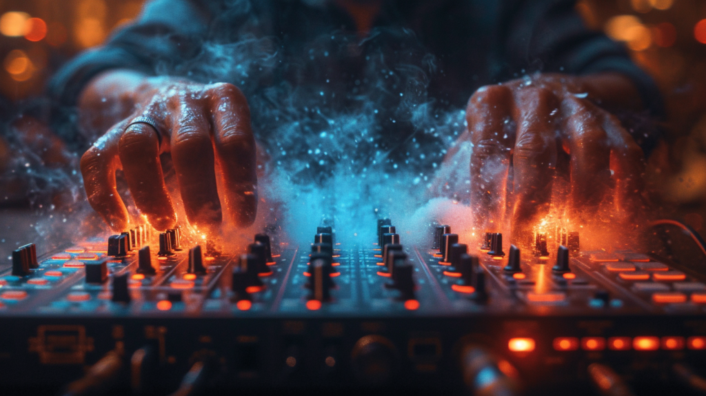 In a visual masterpiece, a DJ's hands delicately inspect every connection point of a controller. Soft light bathes the stage as compressed air flows, dislodging lingering specks. Cotton swabs, soaked in isopropyl alcohol, dance across connection points, dissolving residue. This image symbolizes the final act of a thorough cleaning journey, exuding a sense of finality and accomplishment as the DJ controller is revitalized to optimum operational capacities