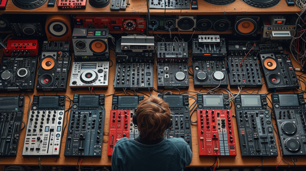 In a visually engaging scene, a DJ is immersed in the decision-making process of choosing the perfect Traktor controller. The image features a diverse array of controllers, symbolizing key considerations such as the number of decks needed, type of mixing desired, built-in audio interfaces versus external options, form factor, portability, and budget constraints. The collage reflects the comprehensive evaluation DJs undertake when selecting DJ gear, highlighting the importance of finding a balance between functionality, portability, and affordability. This visual guide captures the essence of the DJ's journey in making informed decisions to enhance their Traktor DJing experience