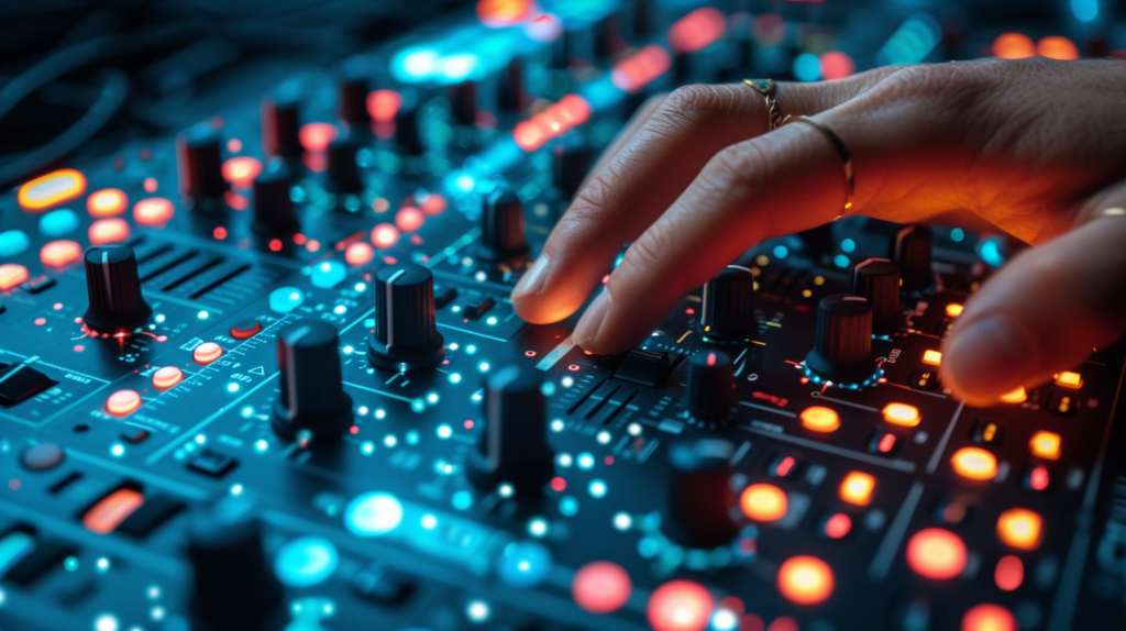 In the heart of a pulsating DJ booth, a hand activates the sync button on a modern controller, bathed in the glow of vivid LED lights. The digital interface displays synchronized waveforms, depicting the seamless alignment of tempo and beats between two tracks. This image encapsulates the synergy of technology and music, portraying the artistry behind effortlessly blending diverse sounds for an electrifying auditory experience.