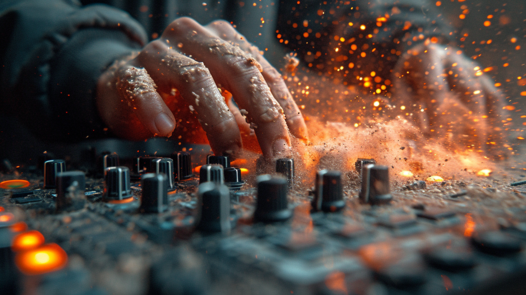 In a dynamic scene, a DJ skillfully deploys compressed air to breathe new life into the faders of a controller. Controlled bursts create a mesmerizing dust plume, revealing the thorough internal cleansing. The faders, bathed in soft light, appear revitalized and ready for seamless gliding. This image symbolizes the precision and care needed to save faders from the clutches of microscopic dust, echoing the promise of smooth transitions and flawless performances
