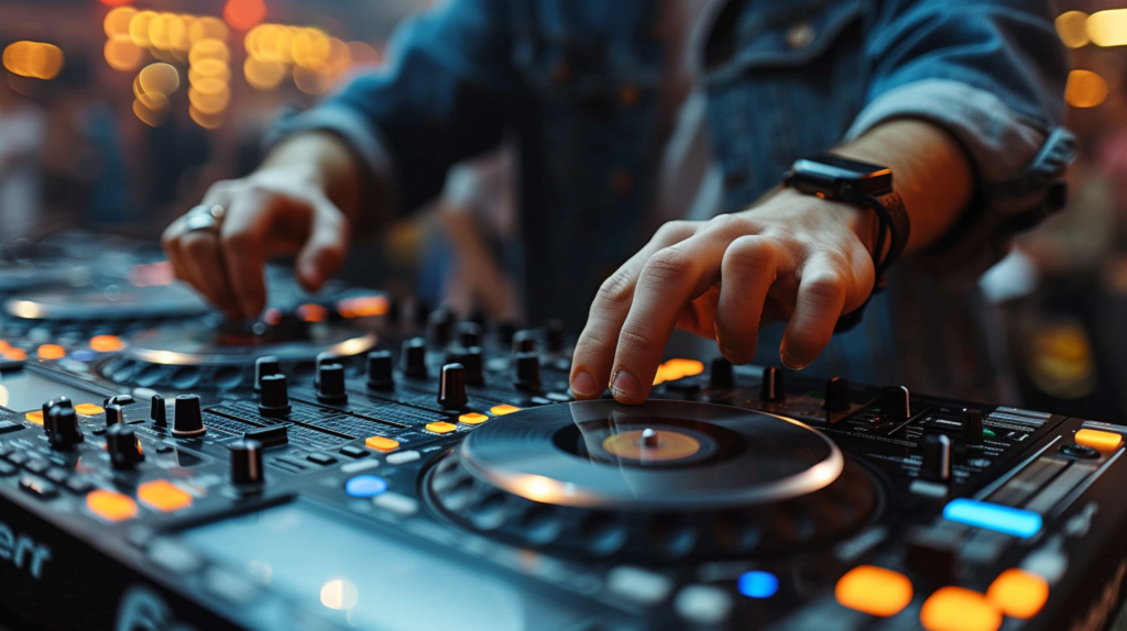 In a visually striking composition, a DJ's hands gracefully maneuver both a high-tech DJ controller and vintage vinyl records. The sync button, illuminated with a subtle glow, symbolizes the modern approach to beatmatching. Meanwhile, the presence of traditional turntables hints at the timeless artistry of manual mixing. This image encapsulates the harmonious coexistence of technology and tradition, illustrating how sync serves as a bridge between the past and future in the world of DJing.