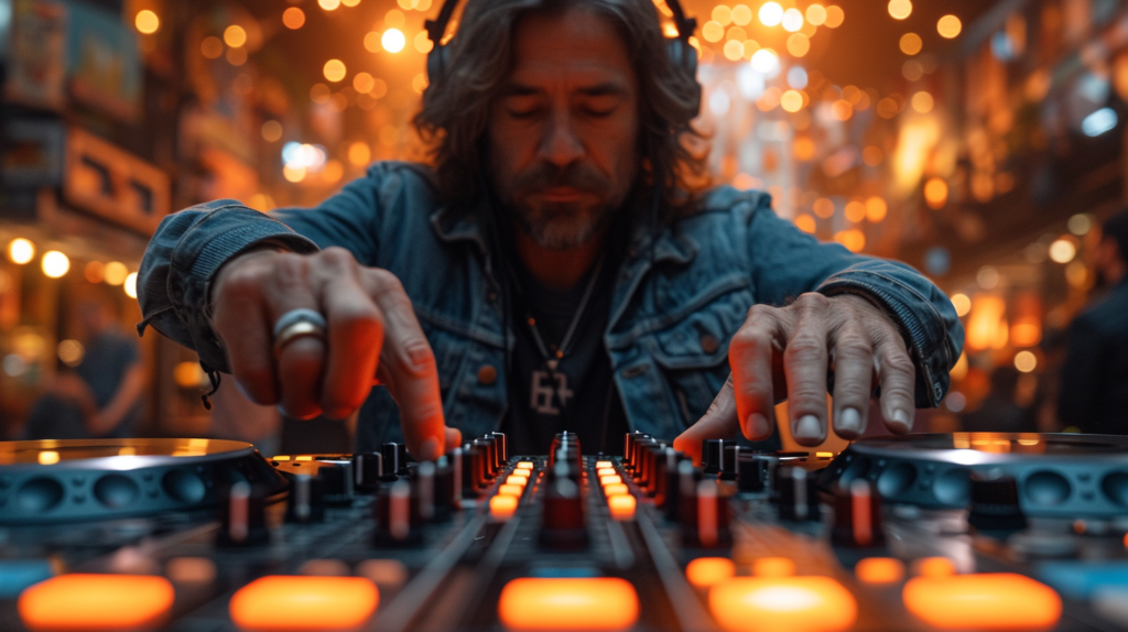 In a captivating scene, a DJ readies for a mix, headphones framing a focused expression. The sync button on the cutting-edge controller takes center stage, glowing subtly. Moments before the crossfader glides, the DJ meticulously sets cue points on the master deck, ensuring a seamless transition. A close-up reveals subtle adjustments to the jog wheel, a testament to the DJ's hands-on finesse. This image encapsulates the delicate balance between technology and the human touch, where sync provides a foundation, and the DJ refines the mix with nuanced adjustments.