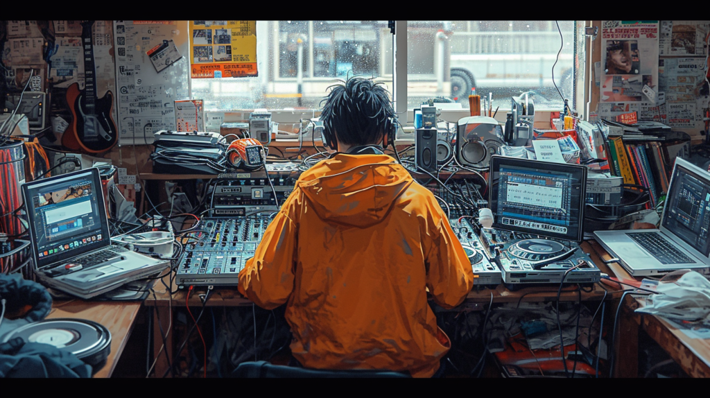 Navigating the Challenges: A DJ faces the hurdles of controller-less DJing, surrounded by a cluttered workspace with only a laptop. The image conveys the struggle of managing without tactile controls, highlighting the mental focus required for intricate movements and the challenges of executing flawless transitions using keyboard shortcuts