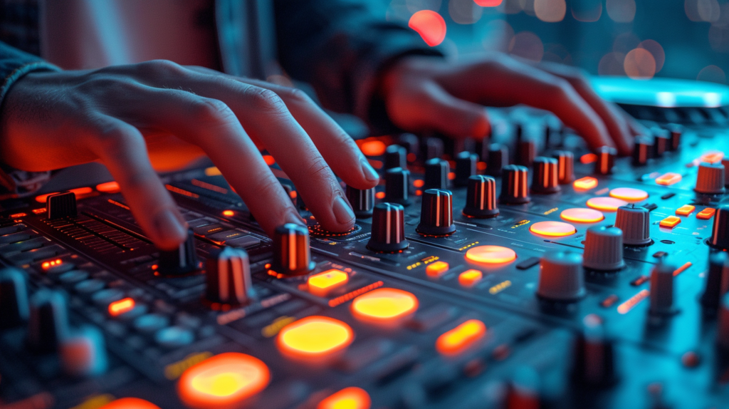 In the heart of a musical performance, a DJ skillfully maneuvers a state-of-the-art controller, seamlessly blending technology and artistry. The image encapsulates the tactile experience of DJing, where hands-on control unlocks the full potential of DJ software, providing a dynamic and expressive medium for crafting immersive sound journeys.