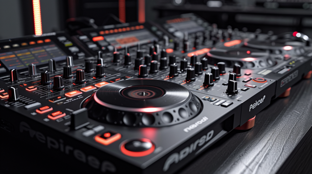 An immersive image capturing the evolution of Pioneer DJ controllers compatible with Serato DJ Pro. From the flagship DDJ-SZ with its dual USB ports and performance-oriented features to the compact DDJ-SX with dedicated FX controls, the visual journey extends to the innovative DDJ-RZ with pro-grade elements and the modular DDJ-XP1/XP2 adding tactile pads. The sleek design and cutting-edge technology of these controllers unfold, symbolizing the seamless partnership between Pioneer and Serato for an unparalleled DJ experience