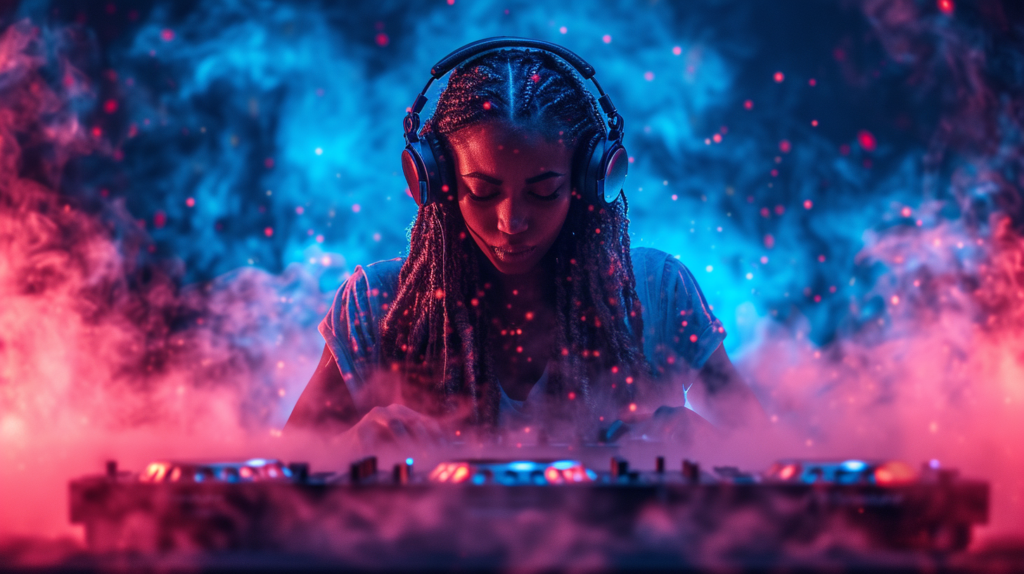 An image portraying a DJ in a home studio setup, transitioning from headphone-only practice to incorporating speakers into the mix. The DJ is surrounded by a controller, professional headphones, and a pair of studio monitors. The scene represents the exciting shift towards exploring the added dimension that speakers bring to the mix, signifying a new chapter in the DJ's journey. This evolution reflects the progression from focused headphone practice to the dynamic experience of mixing with speakers.