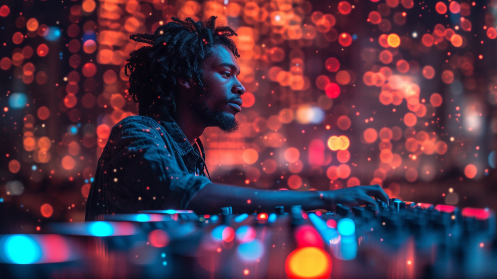 A DJ stands amidst a diverse array of controllers, symbolizing the final decision factors that shape the choice of the perfect device. The image captures the essence of thoughtful consideration, with the DJ weighing factors such as intended use, budget, and portability. Dynamic visual cues highlight the importance of connectivity and sound quality, guiding the viewer towards a clear understanding of the decision-making process. This visual narrative serves as a guiding light for DJs, empowering them to make an informed choice tailored to their unique circumstances