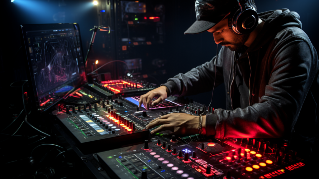 In a comprehensive visual representation, a DJ conducts rigorous testing of the entire system, from the controller through cables, mixer, and speakers. The DJ, surrounded by equipment, fine-tunes controls and monitors connections while playing various tracks through the PA speakers. Visual cues showcase the gradual increase of volume levels, highlighting meticulous attention to detail. In the troubleshooting phase, the DJ systematically checks connections, ensures cable quality, and consults product manuals for guidance. This image emphasizes the importance of thorough testing and troubleshooting to achieve optimal audio quality in the DJ setup