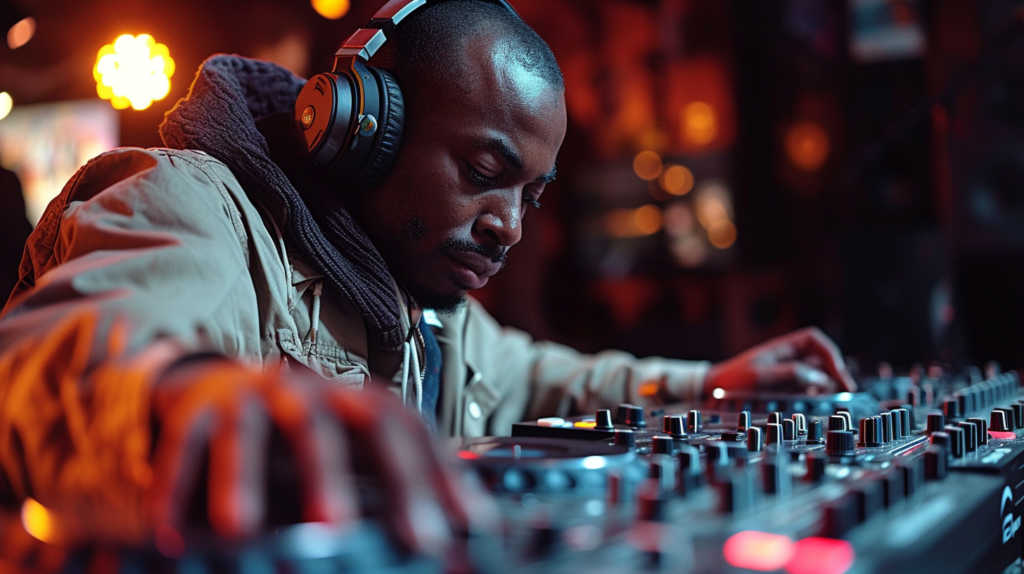 A detailed shot of a DJ's hands manipulating headphones with swiveling ear cups, highlighting their flexibility. The DJ showcases the 180-degree rotation feature, offering ultimate versatility in monitoring. The image underscores the practicality of such headphone features, providing insight into the DJ's world of movement and precision during performances.