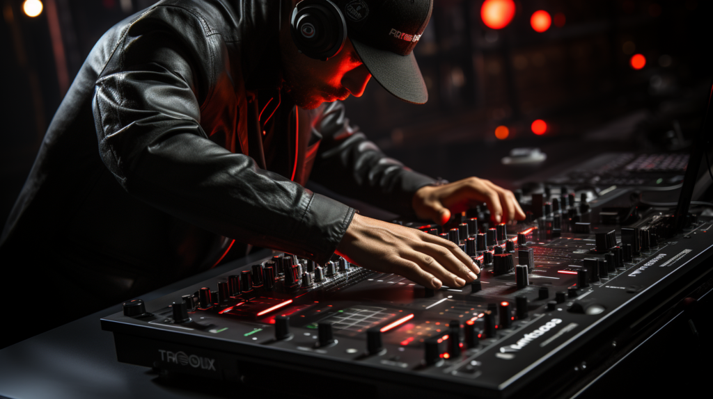 A captivating image portrays a DJ in action, hands skillfully manipulating the DJ controller and external mixer. The crossfader seamlessly blends input channels, while transport buttons like play/pause are engaged with precision. This dynamic image captures the essence of validation checks, ensuring the equipment responds correctly. It reflects the DJ's confidence and familiarity with the complete workflow, emphasizing the seamless integration of both pieces of gear for a smooth and controlled mixing experience.