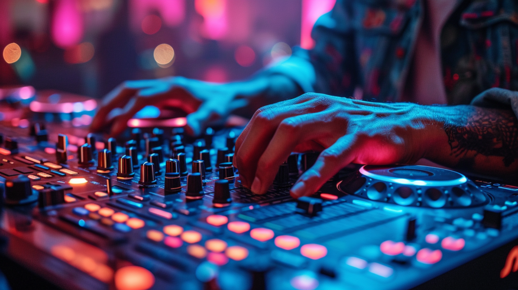 In this visually engaging image, a dedicated DJ meticulously connects a controller to speakers, setting the stage for an electrifying audio experience. The dimly lit surroundings amplify the anticipation as cables weave seamlessly from the controller outputs into the inputs of powered speakers or an audio interface. The USB connection to DJ software on a computer adds a layer of technological sophistication. The DJ's focus on optimizing gain staging ensures a flawless audio path, guaranteeing a dancefloor that vibrates with pulsating beats. This image mirrors the precision outlined in the blog, providing a visual guide to the essential steps of connecting a DJ controller to speakers