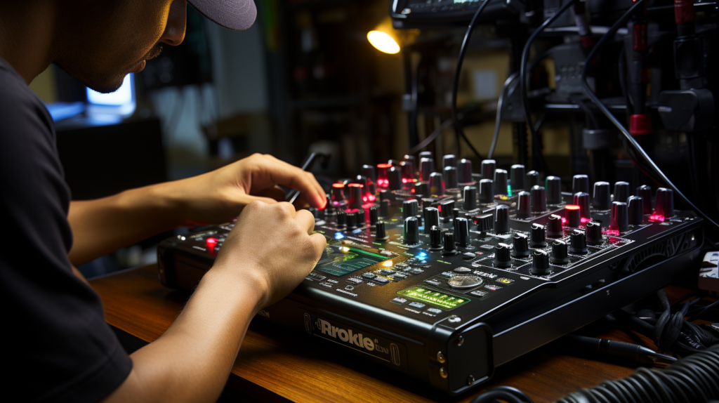 An adept DJ connects their controller to a powered mixer, expertly handling RCA or 1/4" TRS cables. The mixer, a control center with numerous knobs, channels audio signals. From the mixer's outputs, well-organized cables lead to the line inputs of robust PA speakers. With a focused expression, the DJ adjusts settings, ensuring a flawless audio connection. This visual guide illustrates the meticulous steps involved in connecting a DJ controller to a PA system for an immersive sound experience