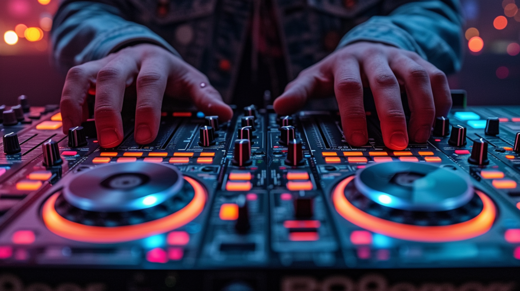 Prompt: Visualize an image that highlights the diversity and quality of popular 4 deck DJ controllers from different brands. Picture a lineup featuring the Pioneer DDJ-1000, Denon MC7000, Numark NVII, and Traktor Kontrol S4 Mk3. Each controller is illuminated, showcasing its unique interface, build construction, and features. The image should convey the professionalism and versatility that these controllers bring to DJ setups, catering to various preferences, needs, and budgets. Alternative Text: A vibrant image showcases a lineup of popular 4 deck DJ controllers, including the Pioneer DDJ-1000, Denon MC7000, Numark NVII, and Traktor Kontrol S4 Mk3. Each controller stands out with its distinctive features, from the pro gear emulation of the DDJ-1000 to the premium feel of the metal MC7000, the integrated laptop mount on the NVII, and the deep integration with Traktor software on the S4 Mk3. This visual representation emphasizes the diversity in interfaces, build constructions, and software integrations, offering DJs a range of options to suit their preferences and requirements