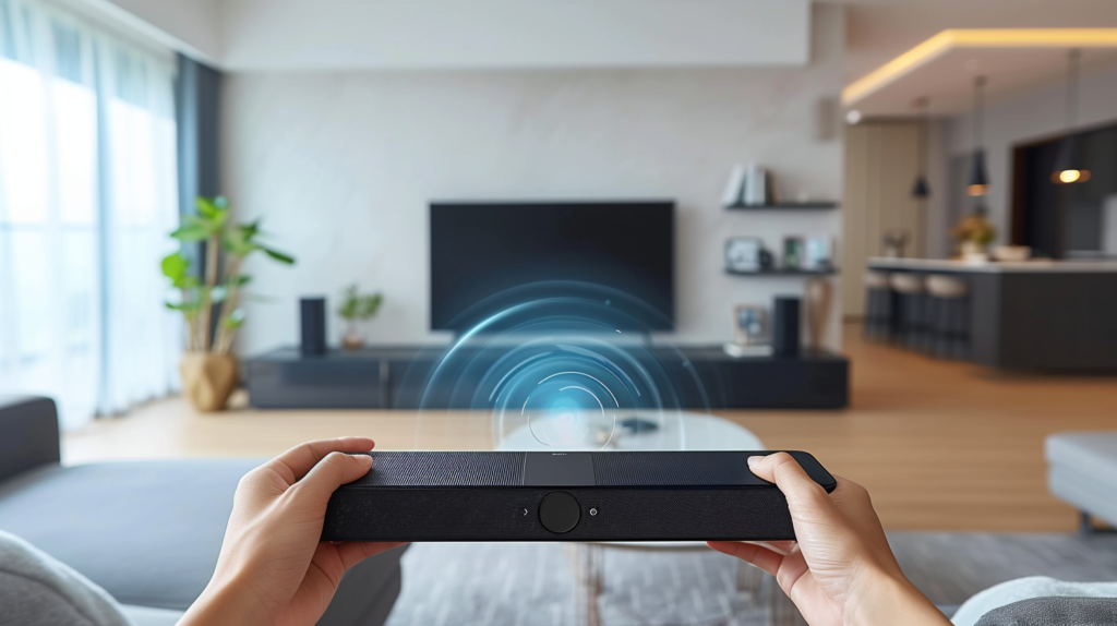 Hands wield a TV remote, effortlessly pairing a Sony TV with a Bluetooth-enabled soundbar. The image embodies the wireless convenience of this connection, set against the backdrop of a contemporary living room. Bluetooth waves subtly illustrate the fluid transmission of audio, emphasizing the simplicity and clutter-free elegance of wirelessly enhancing your audio experience