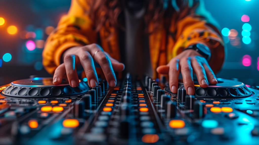 In this captivating image, a determined individual stands before a DJ controller, surrounded by the potential of sound. With the right equipment and focused dedication, anyone, irrespective of musical background, can unlock the art of scratching. The hands on the controller reflect the journey from fundamental techniques to intricate routines, symbolizing the gradual progression towards mastery in the world of DJing