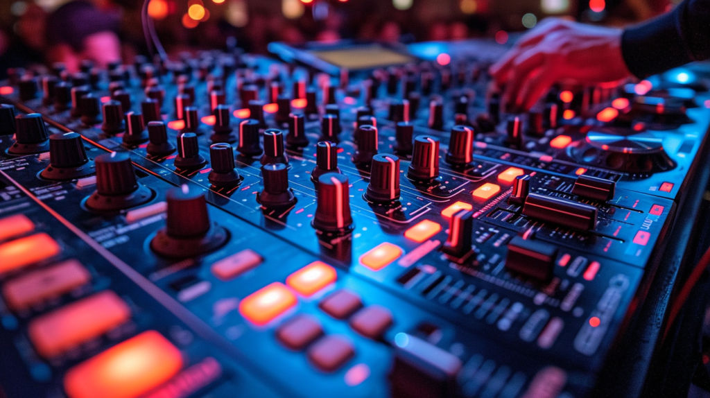 A DJ finely tunes crossfader assignments, hands delicately adjusting the mixer's controls. The image captures the artistry of channel configuration, portraying the DJ as a maestro orchestrating a harmonious blend of audio sources—a visual harmony reflecting the intricacies of crossfader mastery