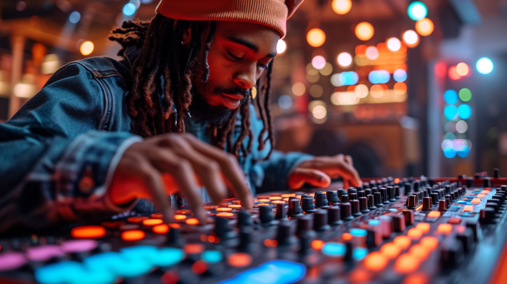 An image depicts a DJ immersed in the creative process, surrounded by a state-of-the-art DJ controller. The artist utilizes velocity-sensitive, RGB backlit performance pads for dynamic drum programming, effortlessly manipulates transport controls for seamless clip sequencing, and engages with assignable knobs/faders for precise sound tweaking. The image highlights the immediate and hands-on nature of beat production with a DJ controller, showcasing the tight software integration that allows the artist to shape synths and effects in real-time. This visual encapsulates the creative freedom and flexibility that comes with producing beats solely through a DJ controller, eliminating the need for external instruments or gear