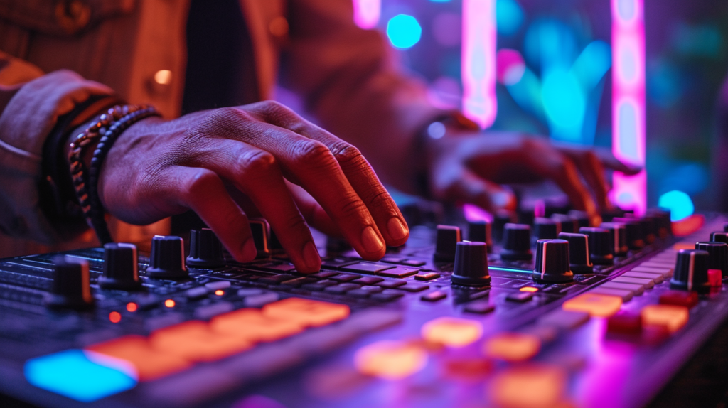 An image unfolds the captivating process of creating a simple beat from scratch using a DJ controller and beat production software. The producer begins by laying down drum sounds on the RGB backlit pads, the scene alive with the energy of sound selection and assignment. The sequencer buttons and transport controls on the controller come into focus as the producer records and sequences dynamic drum patterns, capturing the essence of real-time creativity. The image transitions to the addition of basslines, melodies, and other instruments, with the controller's keys and pads serving as the canvas for musical expression. Finally, the mixing and arranging phase unfolds, revealing the hands-on integration of the controller's surface for EQs, filters, effects sends, and volumes. This visual encapsulates the entire journey of crafting a professional beat using a DJ controller, showcasing a performance-focused and intuitive creative process