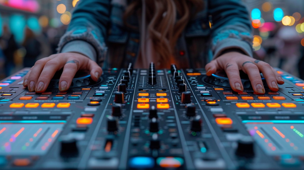 An engaging image capturing the exploration of advanced features and techniques with a Pioneer DJ controller. The DJ skillfully sets multiple cue points, manipulates loop sections, and uses the slicer mode to creatively rearrange tracks. Hands-on control of dedicated effect channels adds dynamic elements like Noise, Pitch, and Spiral Upwards effects. This visual representation aligns with the blog's guidance on moving beyond basic mixing, showcasing the hands-on approach to mastering Pioneer controller capabilities for a heightened DJ experience