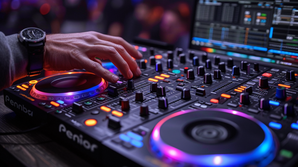 A visually rich image portraying the DJ's journey in customizing hardware settings on a Pioneer DJ controller. The DJ, immersed in the rekordbox software GUI, adjusts jog wheel sensitivity, pitch slider ranges, and other personalized preferences to tailor the controller to their unique style. The scene also showcases the customization of performance pad modes, deck layouts, and FX parameter knobs for a personalized and seamless DJ experience. LED light flexibility is highlighted, allowing the DJ to choose schemes that enhance their setup. This visual representation aligns with the blog's guidance on customizing hardware settings, emphasizing the meticulous process of creating the perfect profile for optimal performance