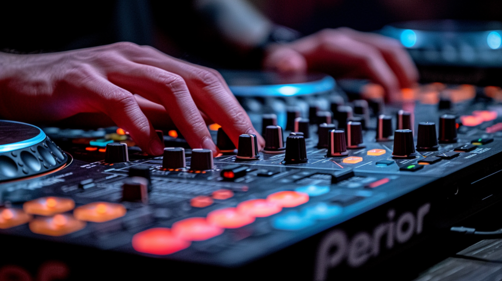 An immersive image portraying the skillful art of mixing and transitioning between tracks with a Pioneer DJ controller. The DJ, hands gracefully navigating the controller's faders and knobs, achieves a seamless blend of two tracks. BPM information and cue points are visible on the hardware displays, showcasing meticulous tempo and phrase matching. The image also captures the addition of creative DJ effects, with the DJ utilizing touch strip controls or dedicated knobs for dynamic live manipulation. This visual representation aligns with the detailed guidance provided in the blog post, emphasizing the creative possibilities of Pioneer DJ controllers in elevating DJ performances