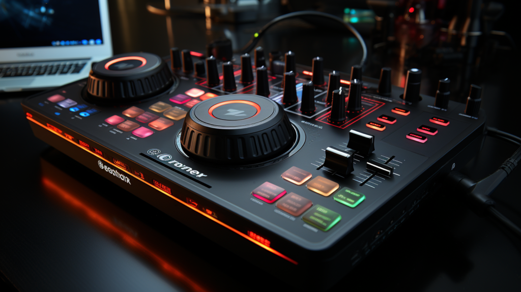 A visual guide to connecting a DJ controller as an external mixer in Virtual DJ. The image features a DJ at their setup, navigating the Virtual DJ interface on the computer screen to 'Options > External Mixer.' The selection of the controller as the primary mixer is highlighted, with additional settings like 'Allow Deck Jogwheels,' 'Allow Deck Loops/Samples,' and 'FX Enable' being toggled on. This hands-on customization allows the DJ to control crossfaders, volume knobs, jogwheels, and more, seamlessly integrating the external controller with Virtual DJ for a personalized and dynamic mixing experience