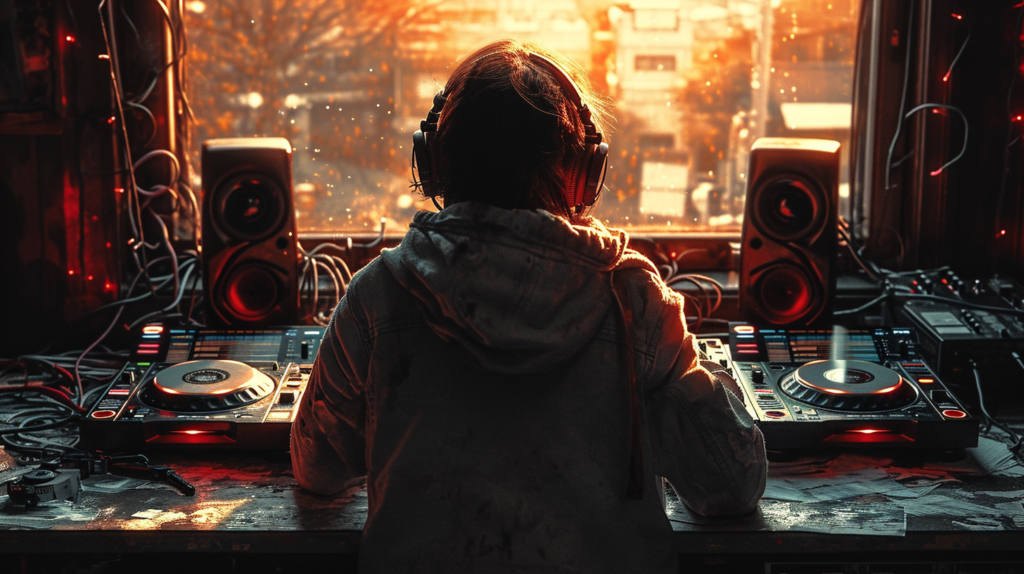 An image depicting a DJ wearing high-end headphones, attempting to recreate a live mix without external speakers. The scene illustrates the challenges of headphone-only mixing, emphasizing the potential differences in sound quality and the difficulty in detecting subtle sync issues without the tactile sensation of physical speakers. The DJ's focused expression captures the awareness of the limitations, showcasing the importance of adapting mixes based on real-time speaker output assessments during live performances.