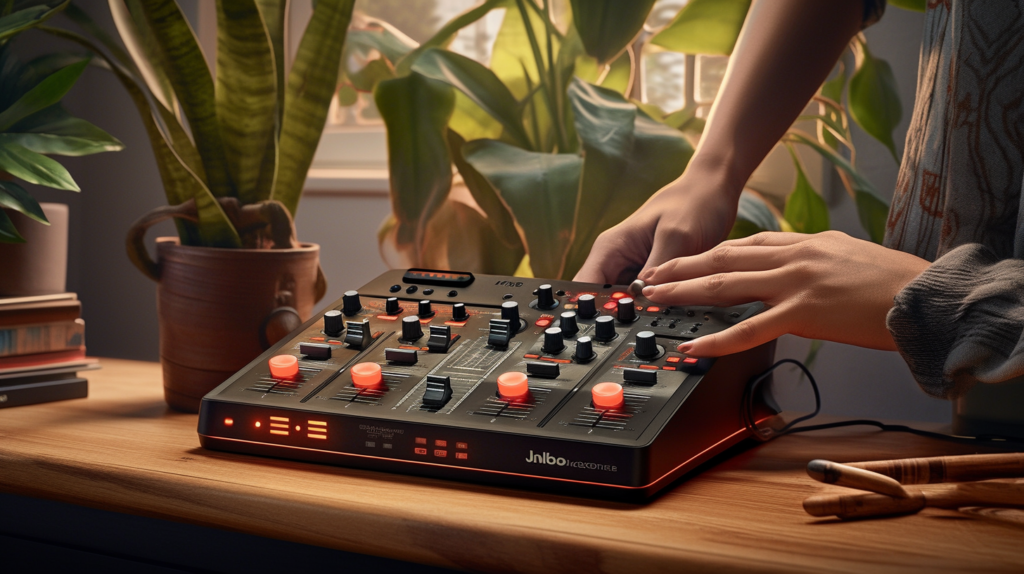 A vibrant image capturing an intermediate DJ's studio setup with a mid-range controller priced between $300 to $800. The sleek controller, constructed with durable metal components, takes center stage as the DJ explores advanced features like touch-sensitive strips and a comprehensive effects suite. The atmosphere radiates creativity and technical finesse, showcasing the evolution from entry-level to mid-range controllers. Brands like Pioneer, Numark, Denon DJ, and others offer controllers in this range, providing a stepping stone for DJs seeking more sophisticated mixing options."