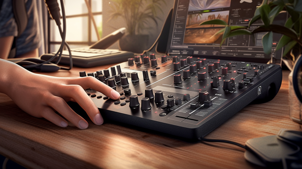 A vibrant image capturing an intermediate DJ's studio setup with a mid-range controller priced between $300 to $800. The sleek controller, constructed with durable metal components, takes center stage as the DJ explores advanced features like touch-sensitive strips and a comprehensive effects suite. The atmosphere radiates creativity and technical finesse, showcasing the evolution from entry-level to mid-range controllers. Brands like Pioneer, Numark, Denon DJ, and others offer controllers in this range, providing a stepping stone for DJs seeking more sophisticated mixing options."

Feel free to provide any additional details or preferences you have in mind for the image prompt!