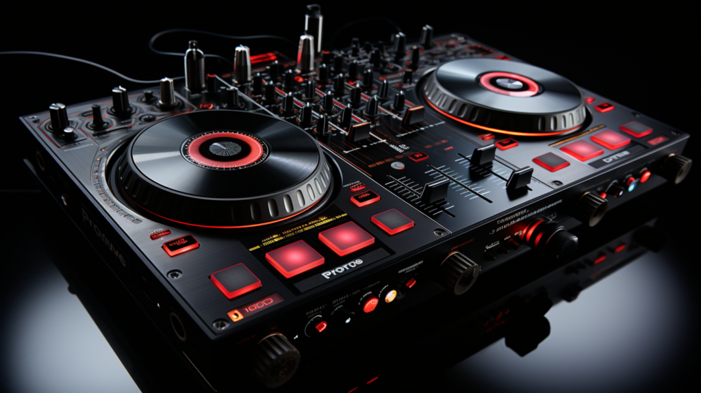 A visually dynamic representation of a DJ exploring advanced features in Virtual DJ with a controller. The image depicts a DJ at their setup, connecting multiple decks via USB or MIDI cables, showcasing the expansion of mixing capabilities. Icons highlight features like audio recording and livestreaming, emphasizing the ease of access in Virtual DJ. Additionally, the image illustrates advanced MIDI control, with the DJ customizing assignments for various parameters, showcasing the limitless potential for personalized control and creativity between the controller and software