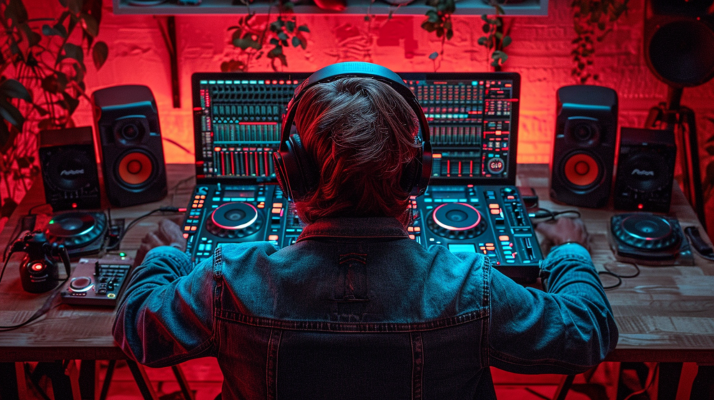  An image portraying a DJ in a home studio environment, immersed in mixing beats with a sleek DJ controller and wearing professional headphones. The setup highlights the convenience of DJing without speakers, enabling focused practice without external noise. The image captures the essence of a private and dedicated DJ learning experience.