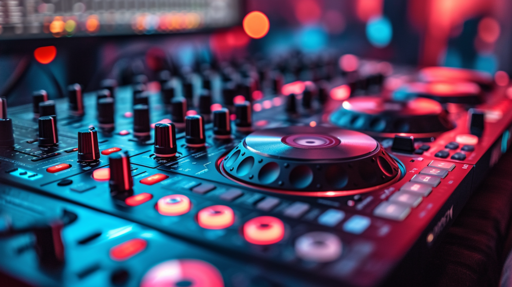 An image showcases a sophisticated beat production setup, featuring a DJ controller seamlessly integrated with industry-leading software. The DJ, immersed in the creative process, manipulates the controller's tactile features to trigger samples, loops, and sequences on the connected computer. The on-screen display reveals the intuitive interface of beat production software, highlighting the seamless connection between hardware and software. Illuminated pads on the controller mirror the rhythm being crafted, emphasizing the dynamic interaction between the DJ and the digital production environment. This visual captures the synergy between DJ controllers and beat production software, illustrating the transformation of a DJ setup into a versatile beat-making rig
