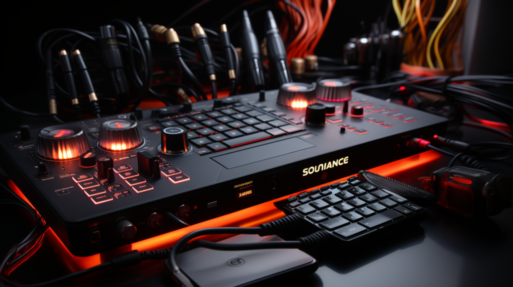 A DJ's hands expertly navigating a sophisticated controller, while cables elegantly connect to a professional-grade audio interface. The mid-journey scene captures the anticipation of seamless audio transmission, highlighting the precision and expertise involved in setting up the perfect DJ system.