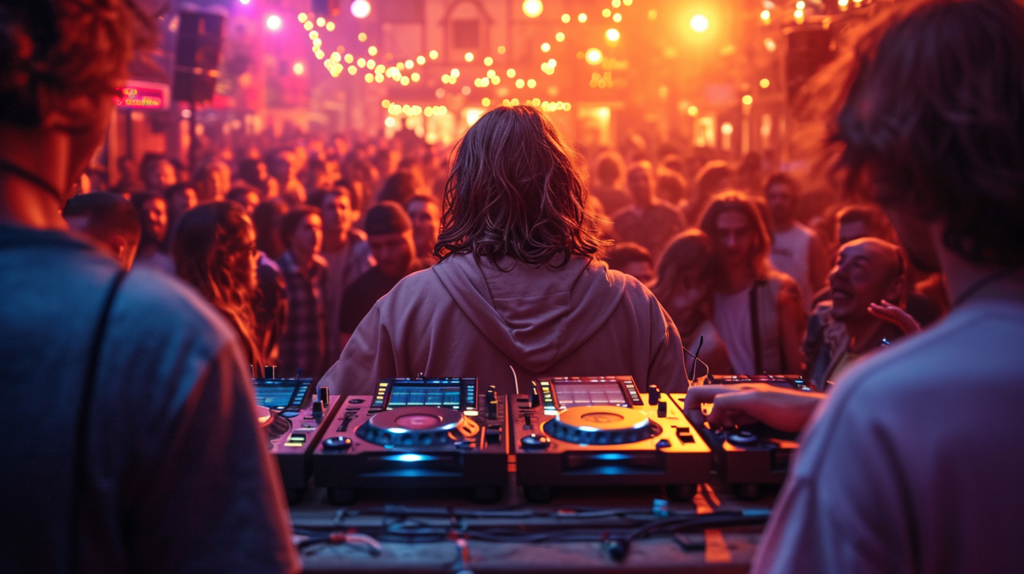 As city lights twinkle in the background, a DJ stands at a crossroads, reflecting on the diverse landscapes of their potential journey. On one side, a cozy home setup with a compact controller, symbolizing the intimate moments of personal enjoyment and practice. On the other, a lively event venue with advanced gear, illustrating the energy of live performances. This image embodies the essence of considering the type of DJing one envisions – a journey that evolves from the tranquility of a bedroom to the exhilaration of commanding stages. It's a visual reminder that choosing the right controller is not just about features; it's about crafting a musical path that aligns with one's aspirations and destinations