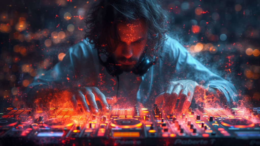 A DJ passionately engages with a cutting-edge controller, fingers dancing over jog wheels, buttons, and faders. The vibrant lights and dynamic atmosphere symbolize the boundless creative possibilities that come with using a DJ controller. This image encapsulates the fusion of technology and musical expression, illustrating how these controllers streamline the DJing experience while offering extensive hands-on control and flexibility