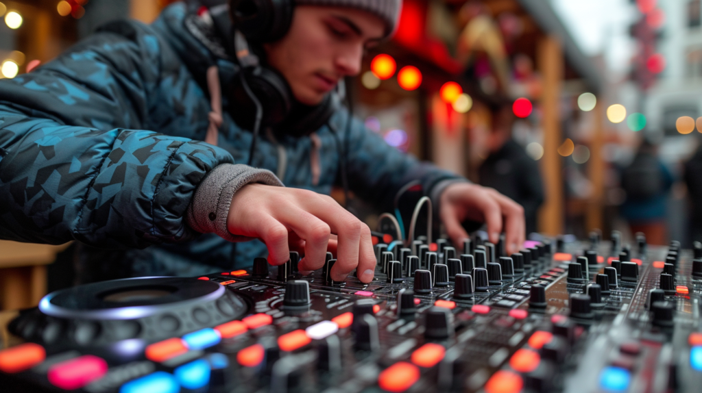 A DJ in the act of connecting headphones to a DJ controller, showcasing the straightforward process. The hands delicately plug the headphones into the dedicated "Phones" port, marked with a headphone icon. The image emphasizes the tactile nature of the setup, highlighting the importance of this step in achieving precision and control in DJ monitoring.




