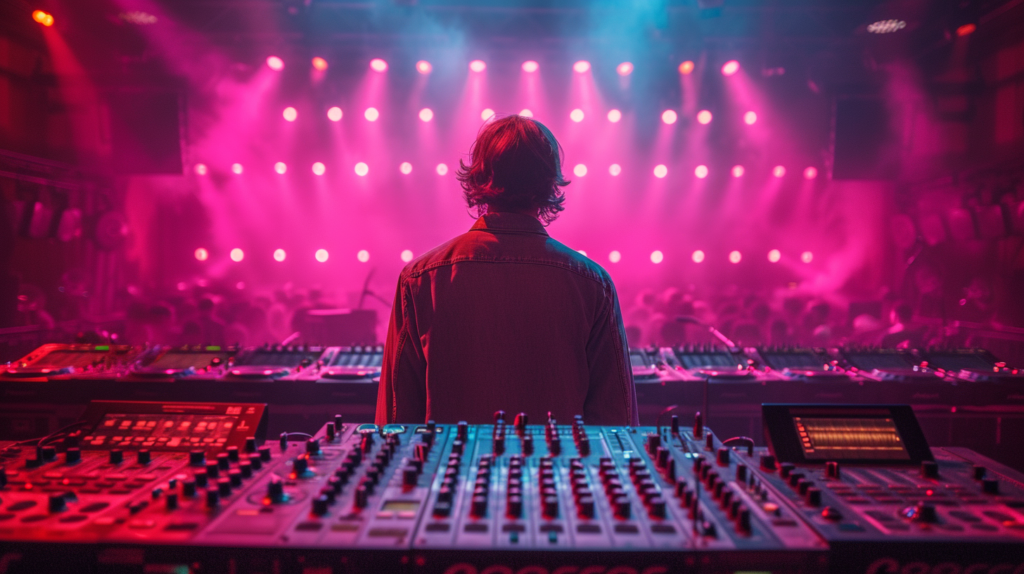 A DJ stands amidst a selection of lighting controllers, contemplating choices for the perfect setup. The image visually contrasts entry-level controllers priced between one hundred to five hundred dollars with professional-grade gear that can cost thousands. Representation of DMX512 and MIDI protocols symbolizes communication options. The DJ considers the number of controllable channels, weighing the balance between current needs and future upgrades. The image emphasizes the importance of seamless integration with club gear, showcasing the diversity of available options. Alt text: A DJ surrounded by lighting controllers, navigating choices based on protocol, budget, and channel requirements. Visual representation of DMX512 and MIDI protocols, highlighting the decision-making process for optimal integration with club gear.