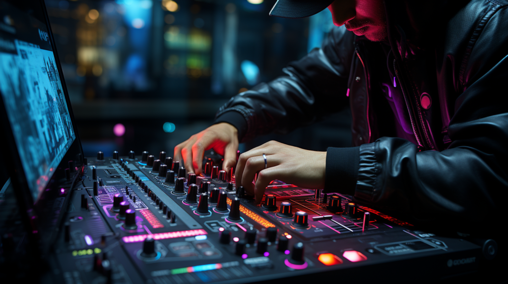A split-screen image captures a DJ in the final configuration stage, hands navigating the DJ software interface on one side, and seamlessly transitioning between software channels on the other. The software preferences menu displays key settings for channel mapping and effects configuration, emphasizing the meticulous attention required. This image reflects the importance of harmonizing the digital and physical aspects of the DJ setup, ensuring a seamless flow of audio from software to speakers.