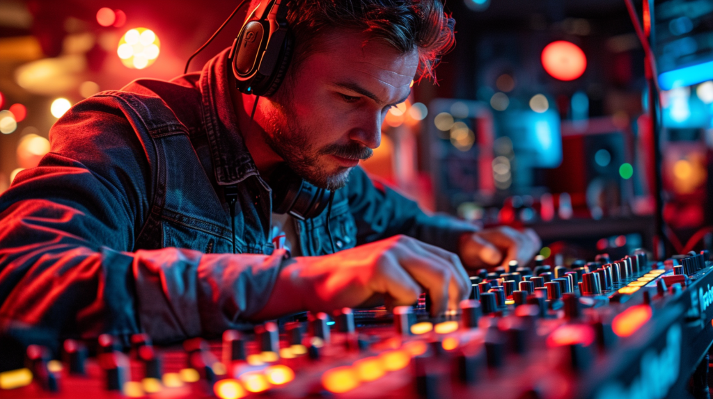 In this visually immersive image, a DJ delves into the troubleshooting process, navigating the intricate landscape of cable connections and device configurations. The dimly lit room sets the stage as the DJ meticulously checks physical connections, ensuring cables are securely plugged into the controller, computer, audio interface, amplifiers, mixers, and powered speakers. The computer screen displays the DJ software preferences, underscoring the importance of selecting the correct audio output. Visual cues highlight the DJ's efforts to address issues like one-sided sound, audible hiss, hum, or static. This visual guide mirrors the troubleshooting steps outlined in the blog, portraying the determination required to resolve potential challenges in a DJ setup