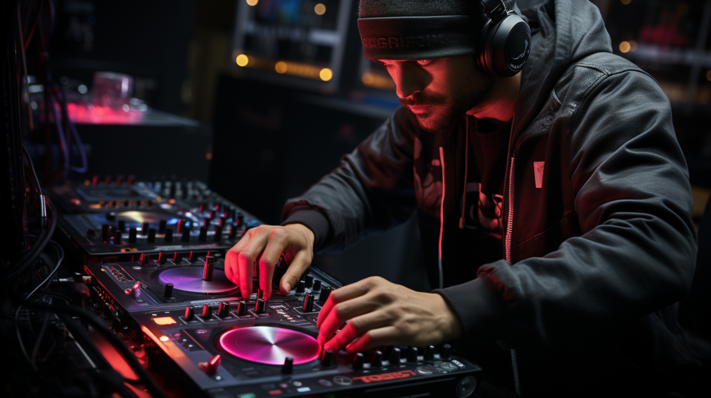 The image captures a DJ at their setup, hands-on with a fully configured controller, testing the connection with Serato DJ Pro. The DJ manipulates volume faders, jog/nudge controls, play/cue buttons, EQs, and channel filters, with the Serato interface responding instantly to confirm the established connection. The dynamic interaction between the DJ, controller, and software is highlighted during this testing phase. Thoroughly checking key areas of controller functionality ensures a smooth and glitch-free experience during live performances or recording sessions. Alternative text: 'A DJ tests a fully configured controller with Serato DJ Pro, ensuring a seamless connection. The hands-on interaction confirms responsiveness, crucial for glitch-free live performances or recording sessions