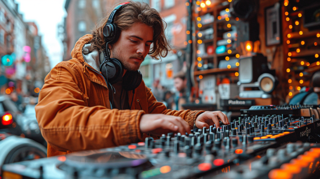 A DJ pushes the boundaries of performance, surrounded by a mix of controllers, turntables, and CDJs. The image captures the essence of innovation, showcasing the DJ's ability to seamlessly integrate diverse gear for a dynamic and immersive experience