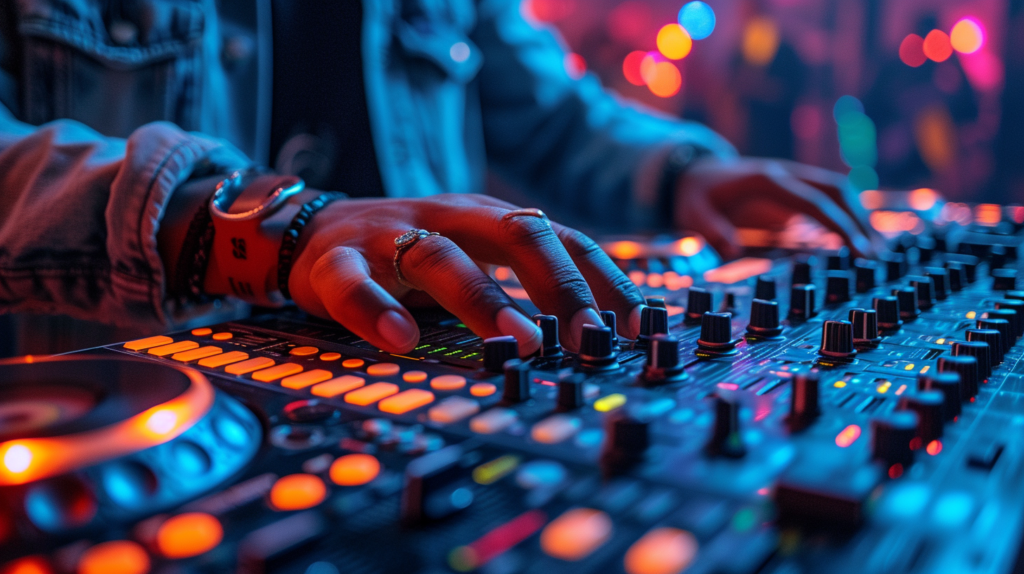 In this lively image, a DJ immerses themselves in the world of creative scratching, surrounded by a kaleidoscope of sound samples and effects. The hands dance over the jog wheel, seamlessly blending scratches and experimenting with filters, echoes, and phasers. The canvas of music unfolds as layers of sounds and complementary scratches converge into a unique sonic tapestry. The DJ's face radiates with the joy of exploration and the thrill of infusing personal style into the art of scratching. This is a celebration of creativity, where every mistake is a stepping stone to advancing and impressing in the world of DJ scratching
